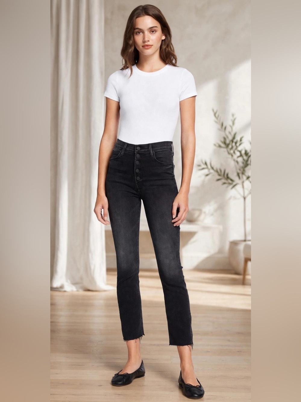 Mother Jeans The Pixie Womens 24 Black Holding Hands Exposed Buttons Ankle Fray